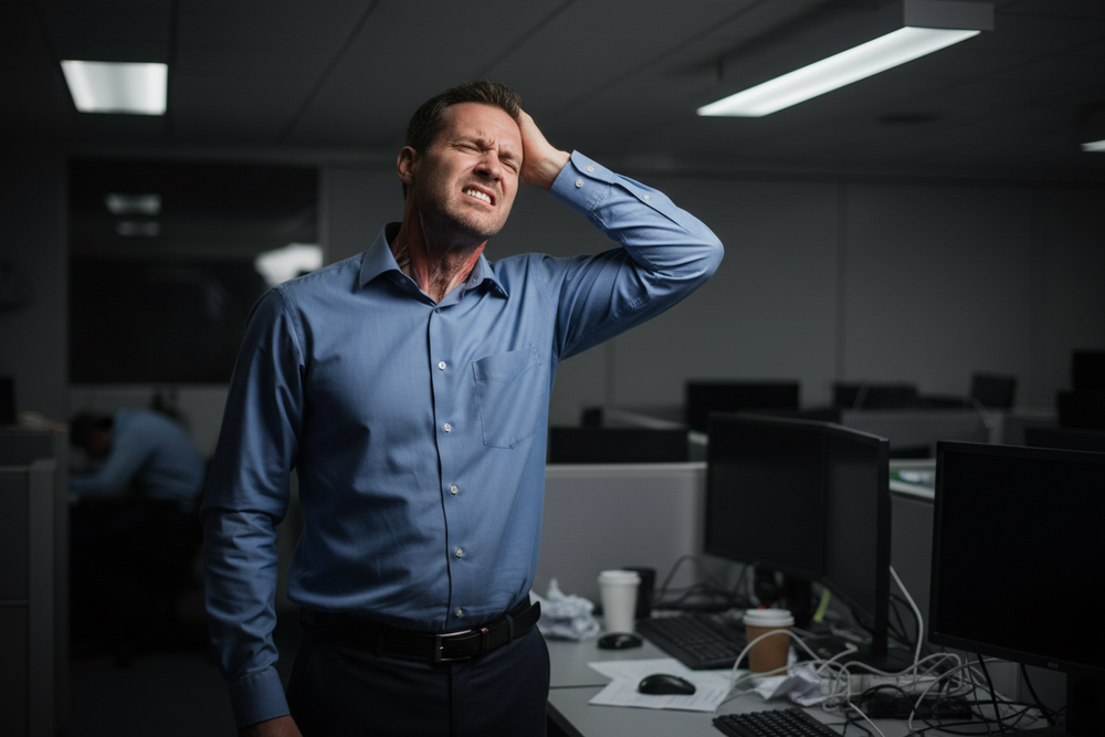 generate a man with bad posture and neck pain