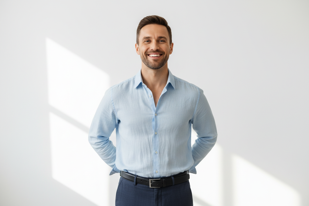 generate the same man with good neck posture and happy without neck pain